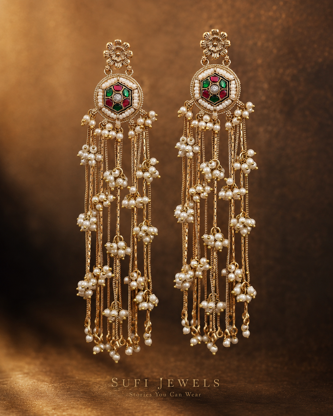 The Rain Became Pearls golden dangler earrings with ruby and green stones and white pearl drops.