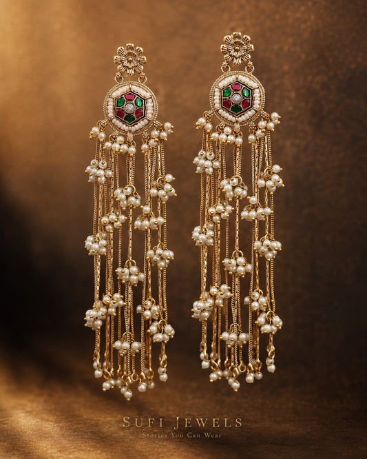 The Rain Became Pearls golden dangler earrings with ruby and green stones and white pearl drops.