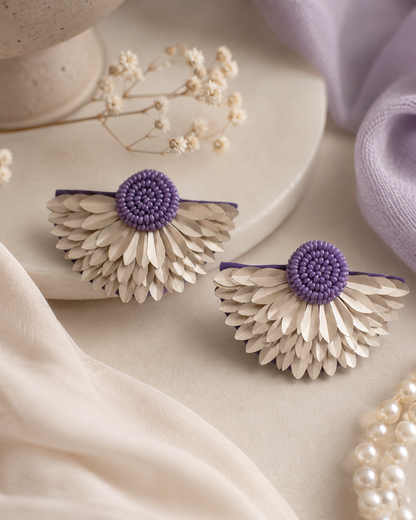 Cute But Never Quiet purple and ivory statement earrings with purple beaded centres by The House of SUFI.