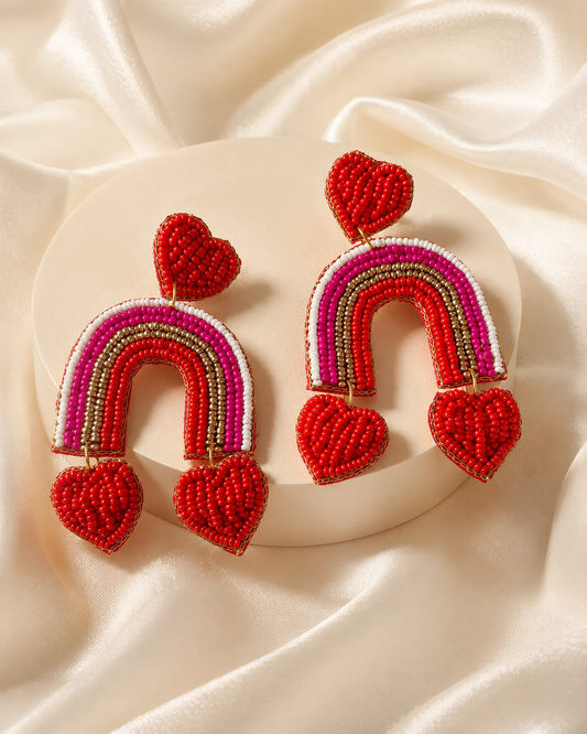 Love With Zero Chill multicoloured beaded rainbow and heart statement earrings by The House of SUFI.