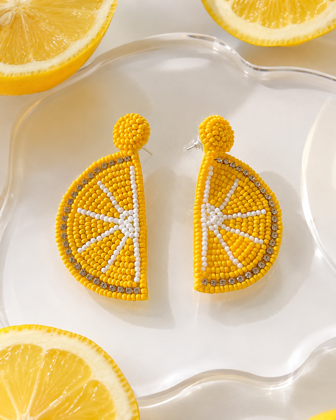 Too Sour To Care yellow beaded lemon-slice statement earrings by The House of SUFI.