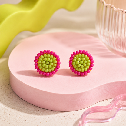 Little Dot Big Plot pink and green beaded stud earrings by The House of SUFI.