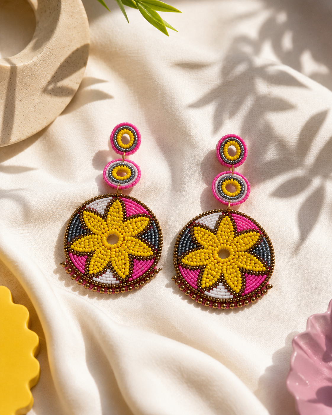 Sunshine Entered The Chat yellow and pink oversized circular statement earrings by The House of SUFI.