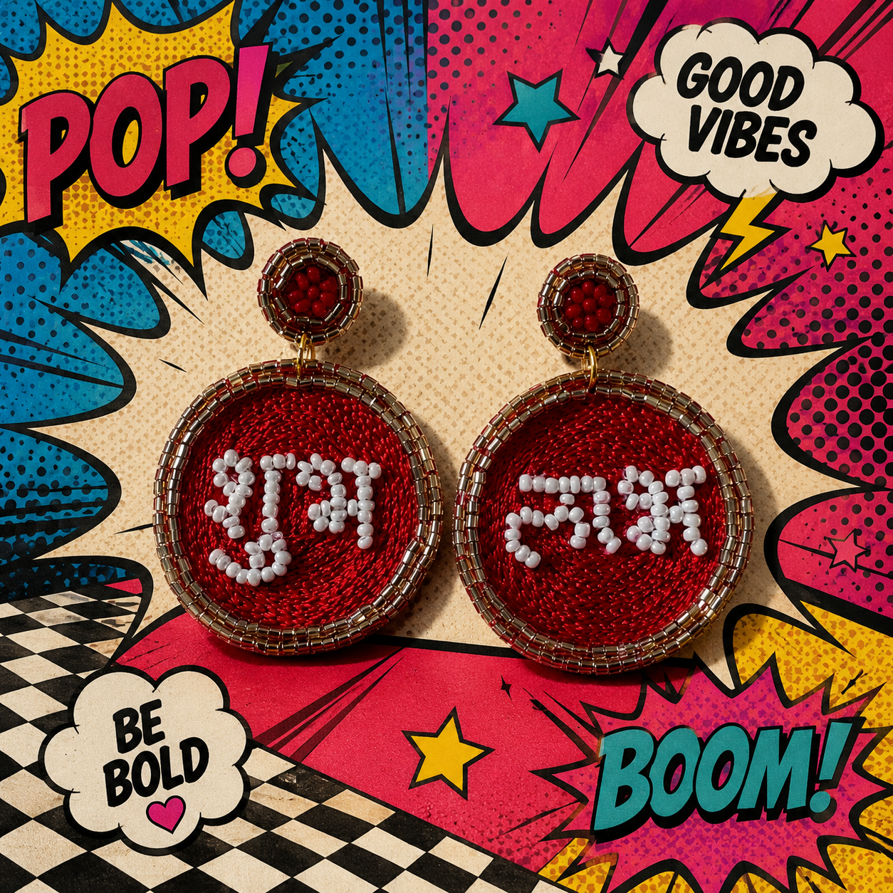 Desi Drama And Delulu red pop-art Hindi typography statement earrings by The House of SUFI.