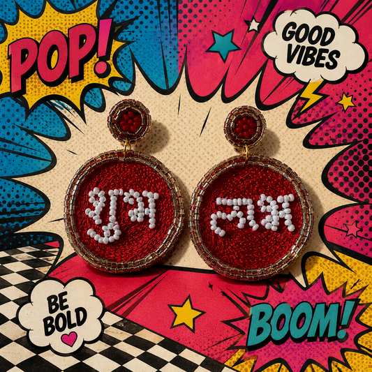 Desi Drama And Delulu red pop-art Hindi typography statement earrings by The House of SUFI.