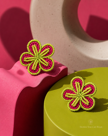 Sugar Spice Zero Advice pink and green beaded floral statement earrings by The House of SUFI.