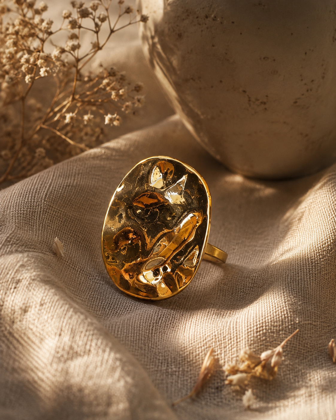 The Mirror Chose Imperfection textured hammered gold-tone statement ring by The House of SUFI.