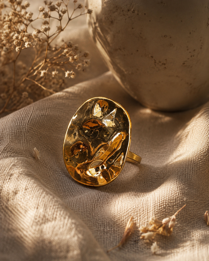The Mirror Chose Imperfection textured hammered gold-tone statement ring by The House of SUFI.