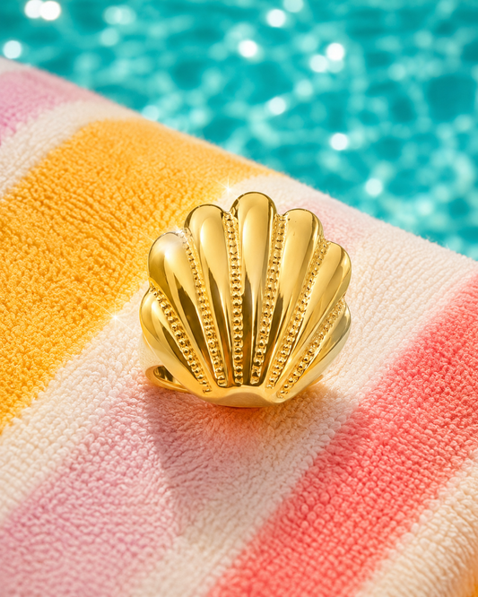 The Shell Sold Secrets high-shine gold-tone sculptural seashell statement ring by The House of SUFI.