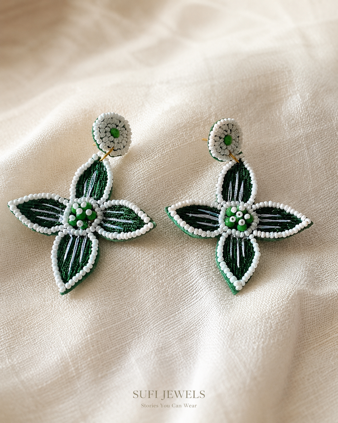 Green Flag Energy Only green and white graphic floral statement earrings by The House of SUFI.