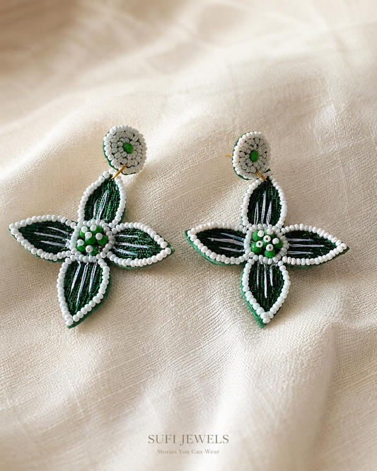 Green Flag Energy Only green and white graphic floral statement earrings by The House of SUFI.